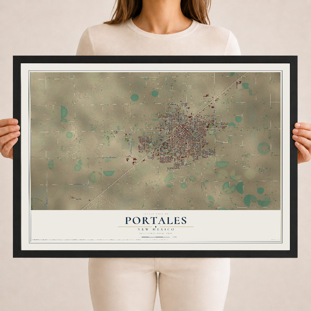 Map of Portales, New Mexico, 18 x 24 inch print in a black wood frame