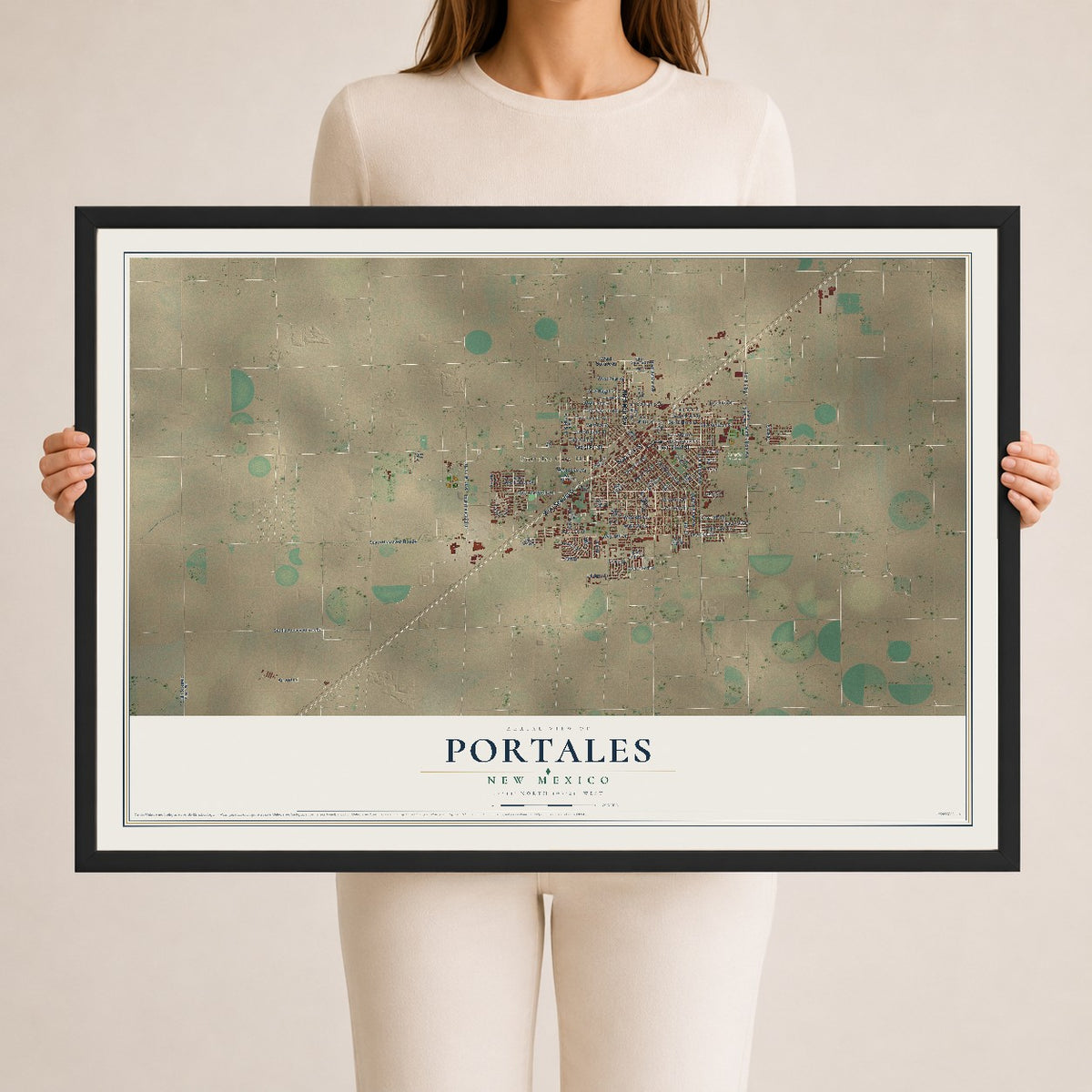 Map of Portales, New Mexico, 24 x 36 inch print in a black wood frame