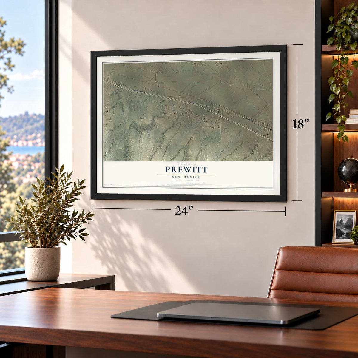 Prewitt, New Mexico map, 18 x 24 inch print in a black frame in a home office