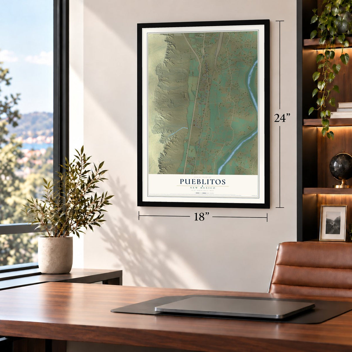 Pueblitos, New Mexico map, 18 x 24 inch print in a black frame in a home office