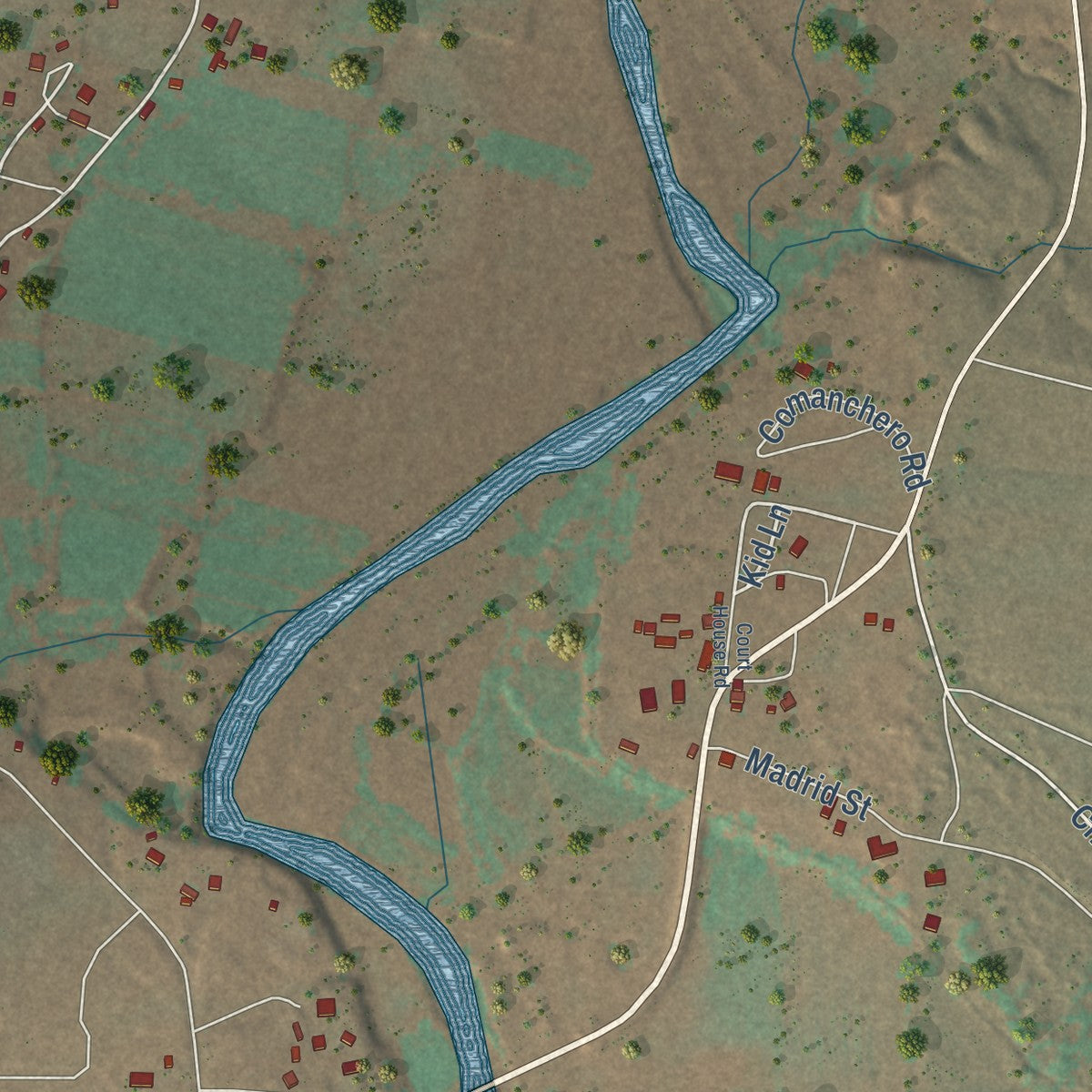 Close-up of the map of Puerto de Luna, New Mexico print showing street and building detail