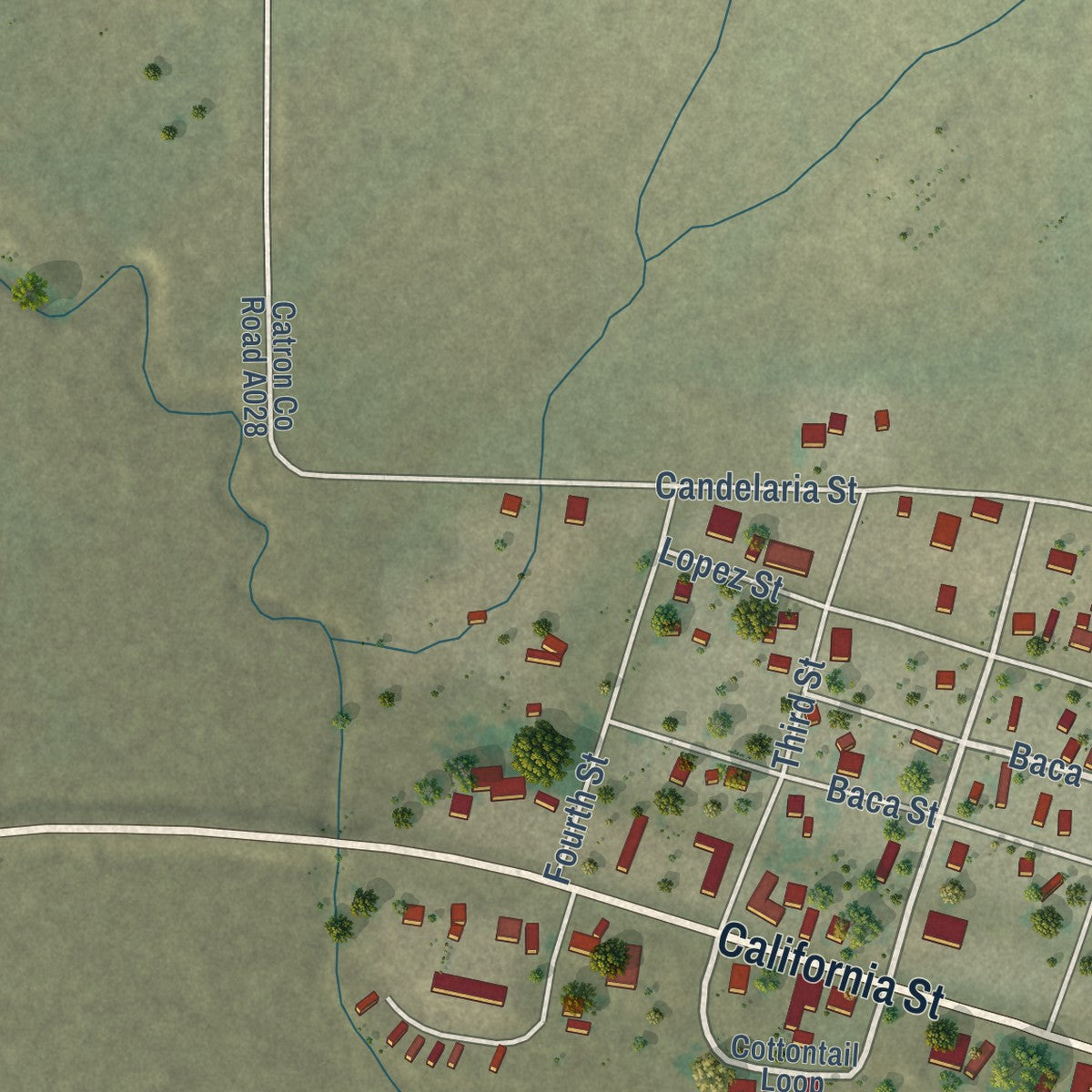 Close-up of the map of Quemado, New Mexico print showing street and building detail