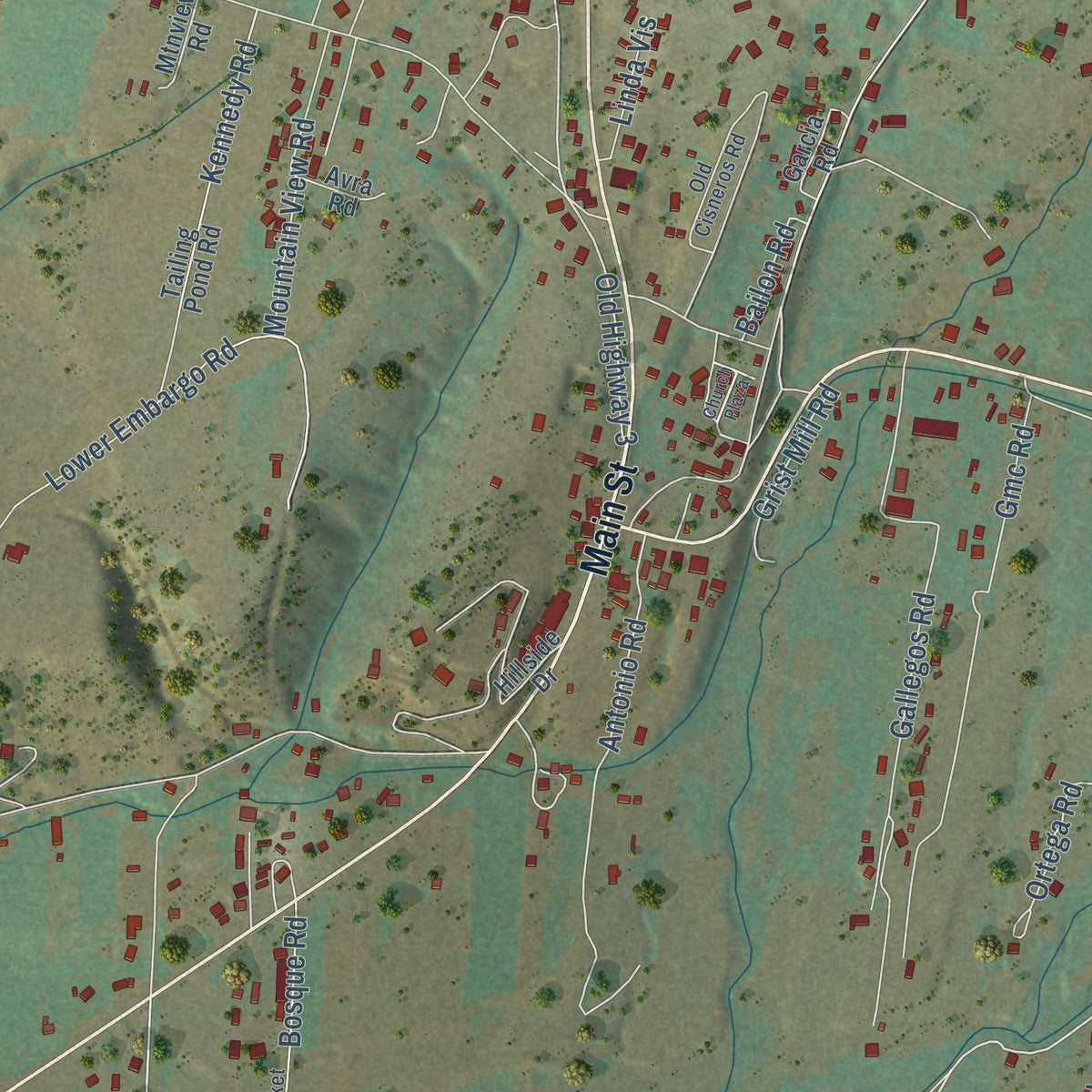Second close-up of the map of Questa, New Mexico print showing more streets and buildings