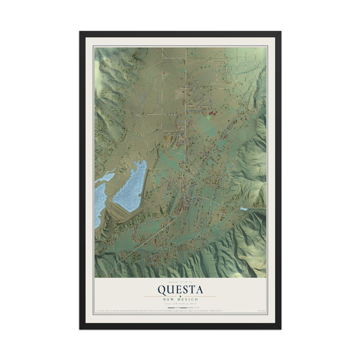 Map of Questa, New Mexico, 12 x 18 inch print in a black wood frame