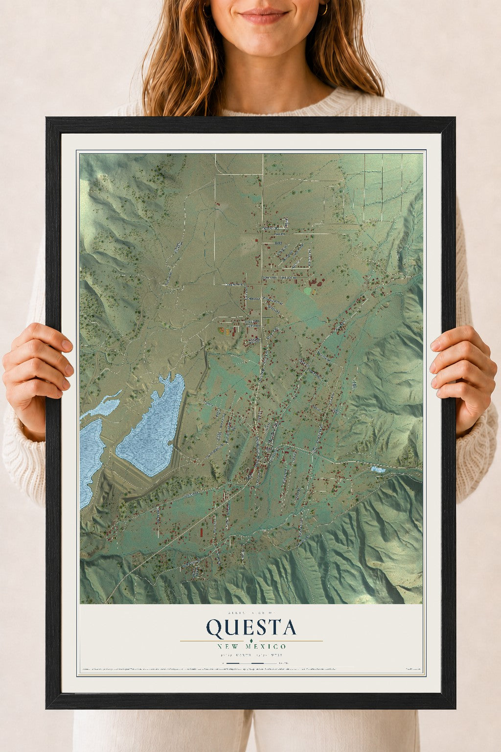 Map of Questa, New Mexico, 18 x 24 inch print in a black wood frame