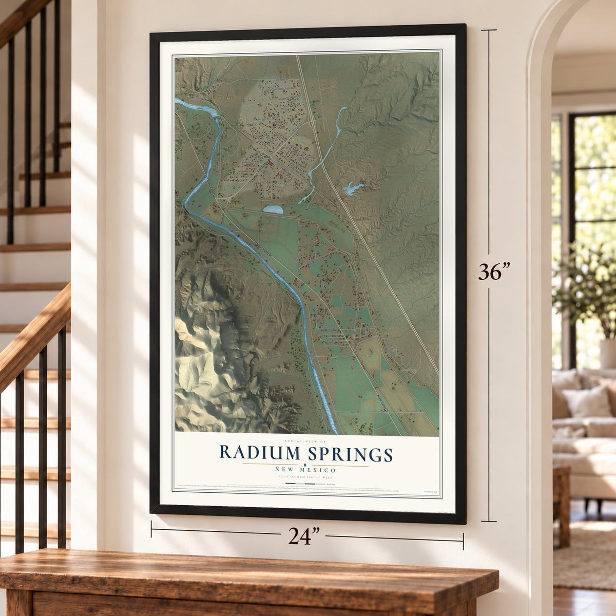 Radium Springs, New Mexico map, 24 x 36 inch print in a black frame by a staircase