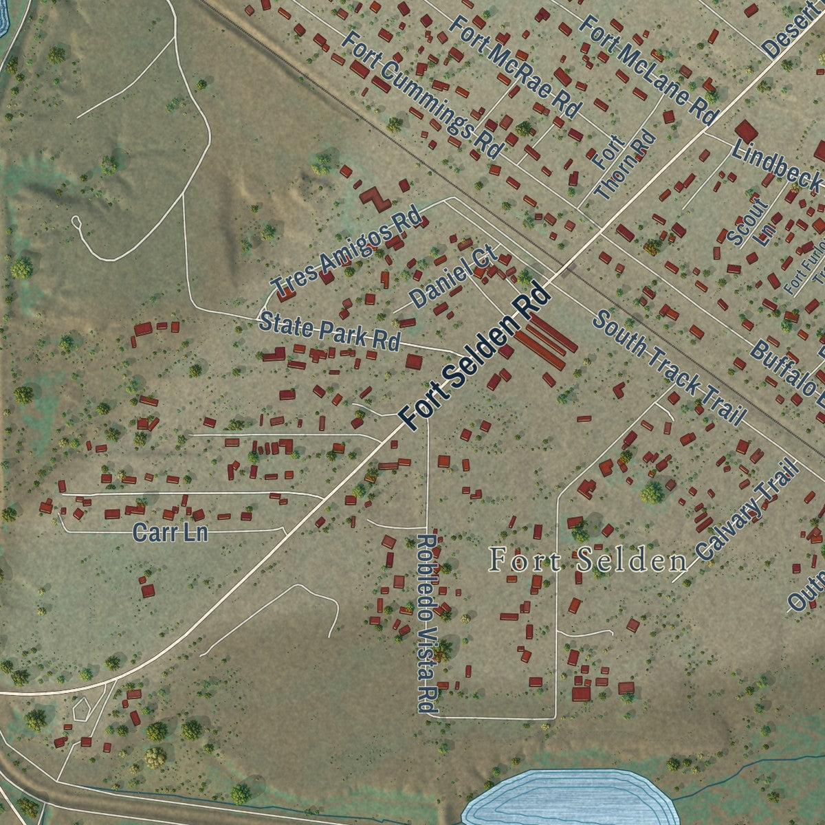 Close-up of the map of Radium Springs, New Mexico print showing street and building detail
