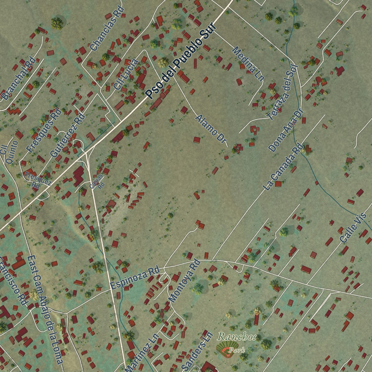 Close-up of the map of Ranchos de Taos, New Mexico print showing street and building detail