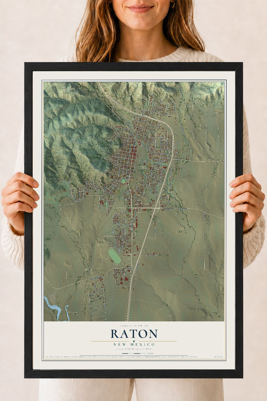 Map of Raton, New Mexico, 18 x 24 inch print in a black wood frame