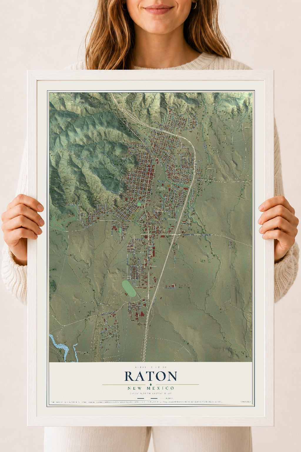 Map of Raton, New Mexico, 18 x 24 inch print in a white wood frame