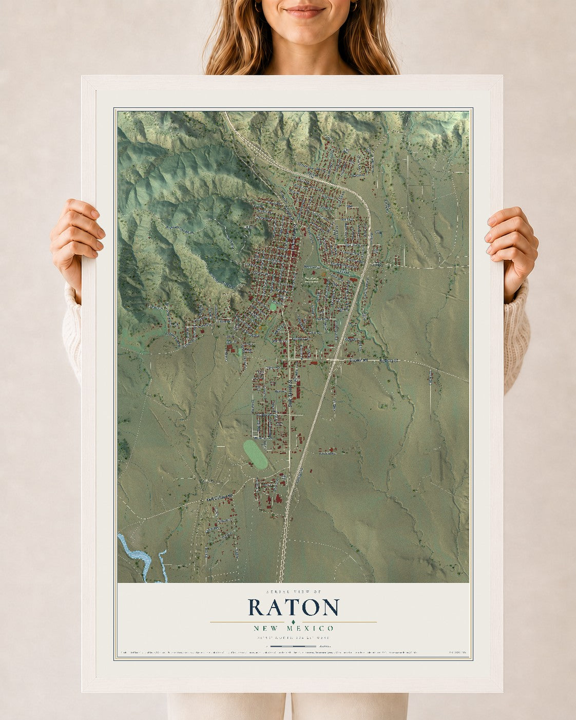 Map of Raton, New Mexico, 24 x 36 inch print in a white wood frame