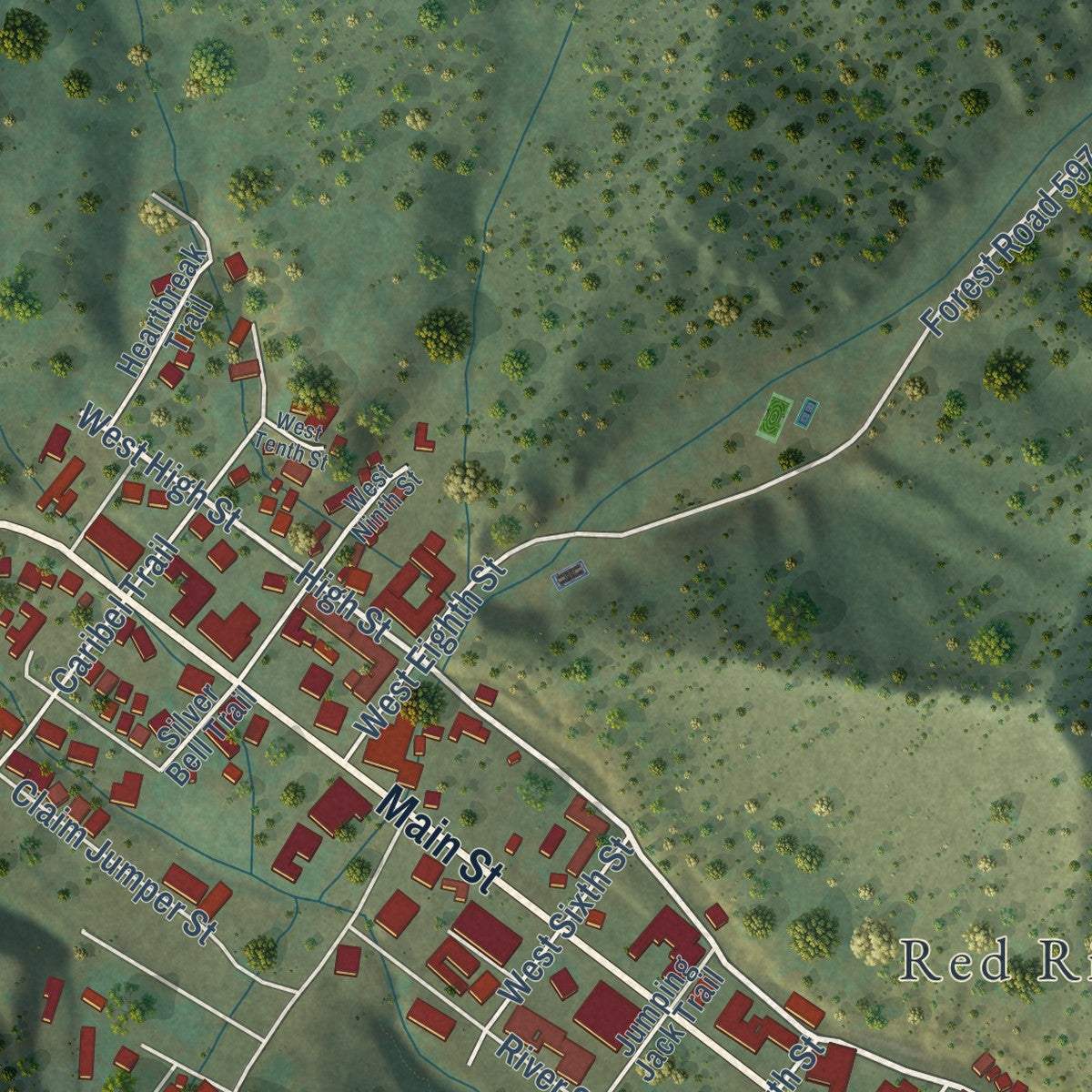 Close-up of the map of Red River, New Mexico print showing street and building detail