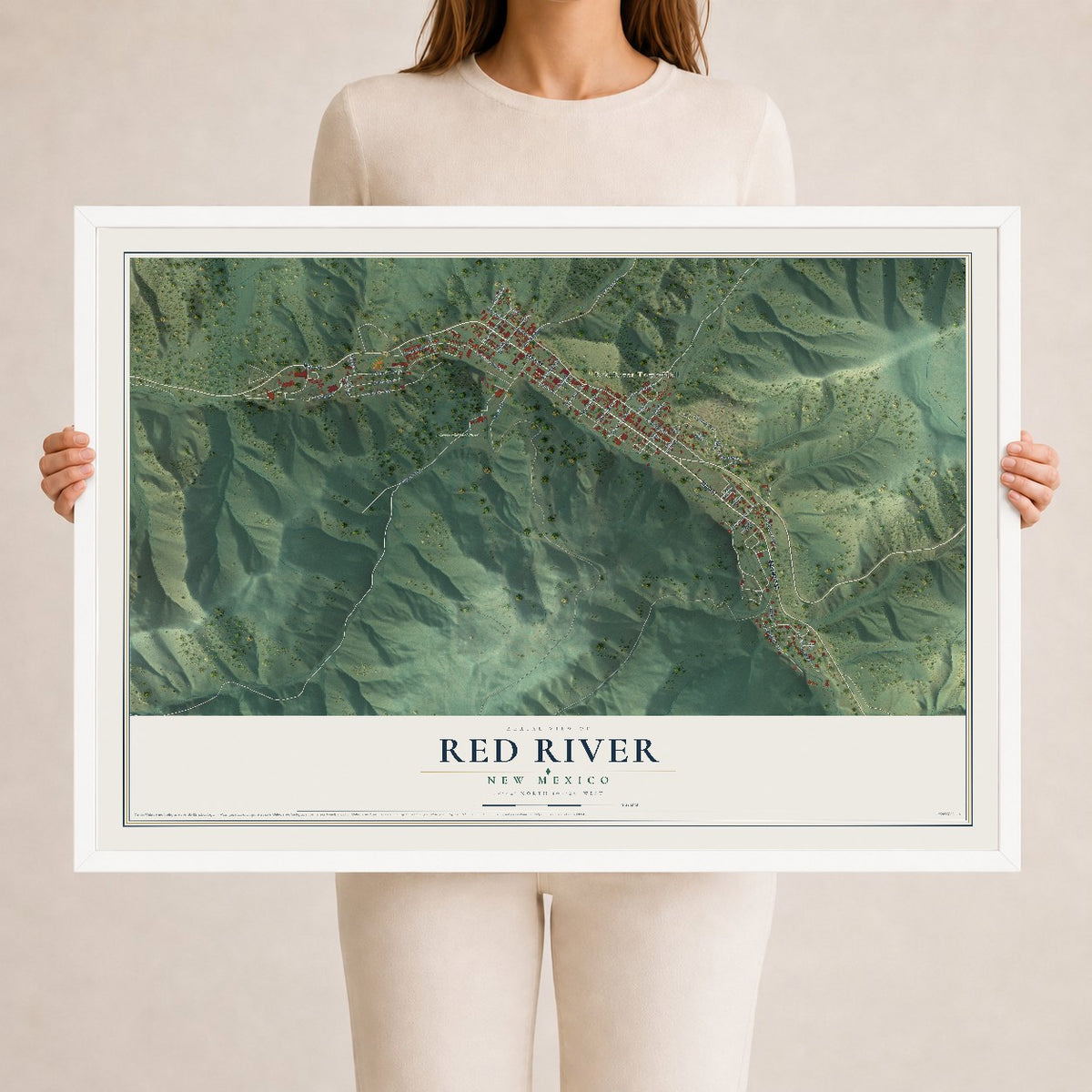 Map of Red River, New Mexico, 24 x 36 inch print in a white wood frame