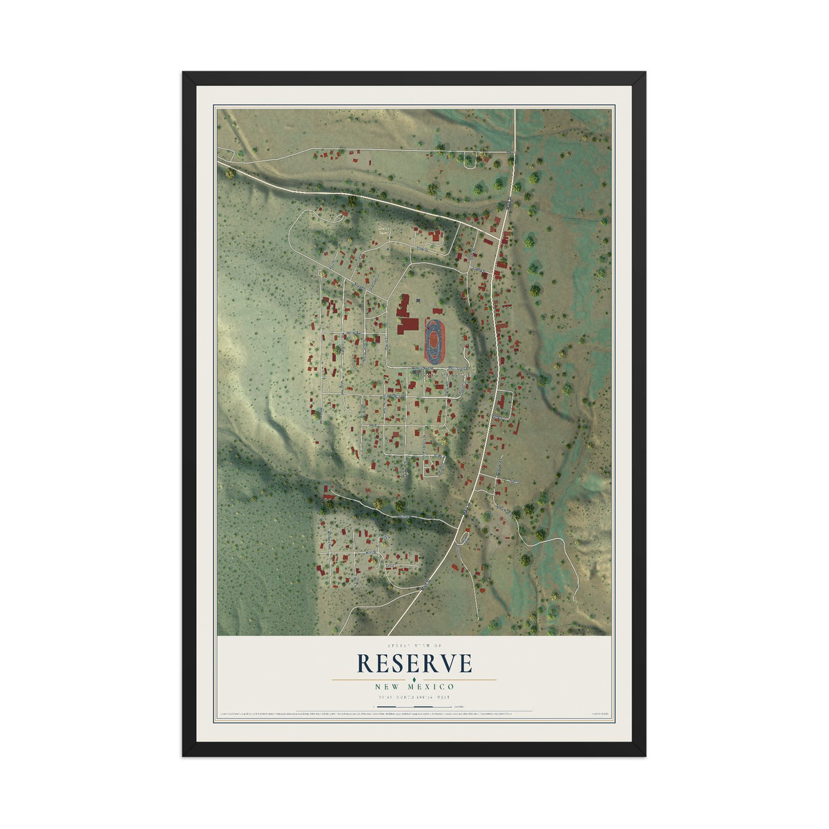 Map of Reserve, New Mexico, 12 x 18 inch print in a black wood frame