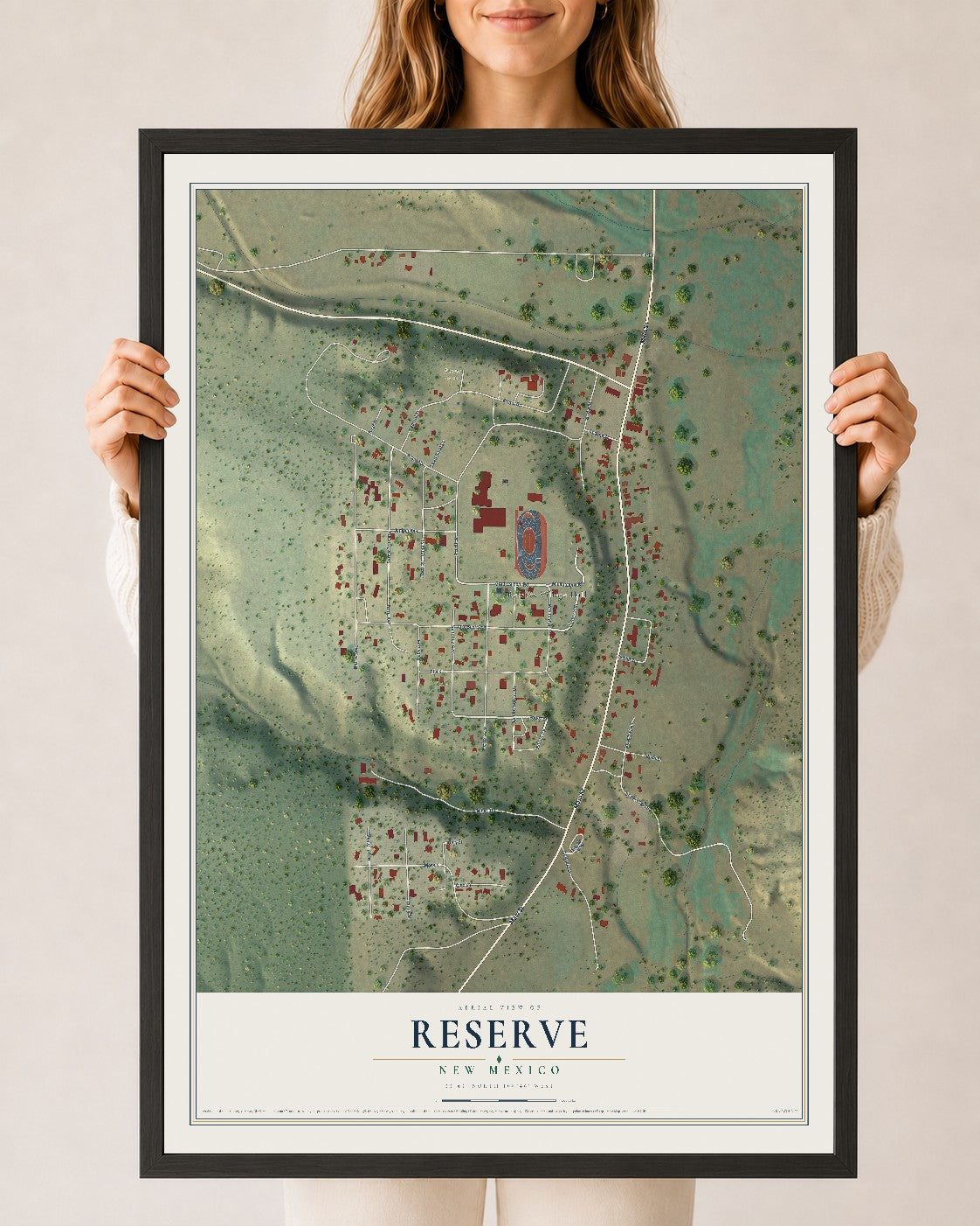 Map of Reserve, New Mexico, 24 x 36 inch print in a black wood frame
