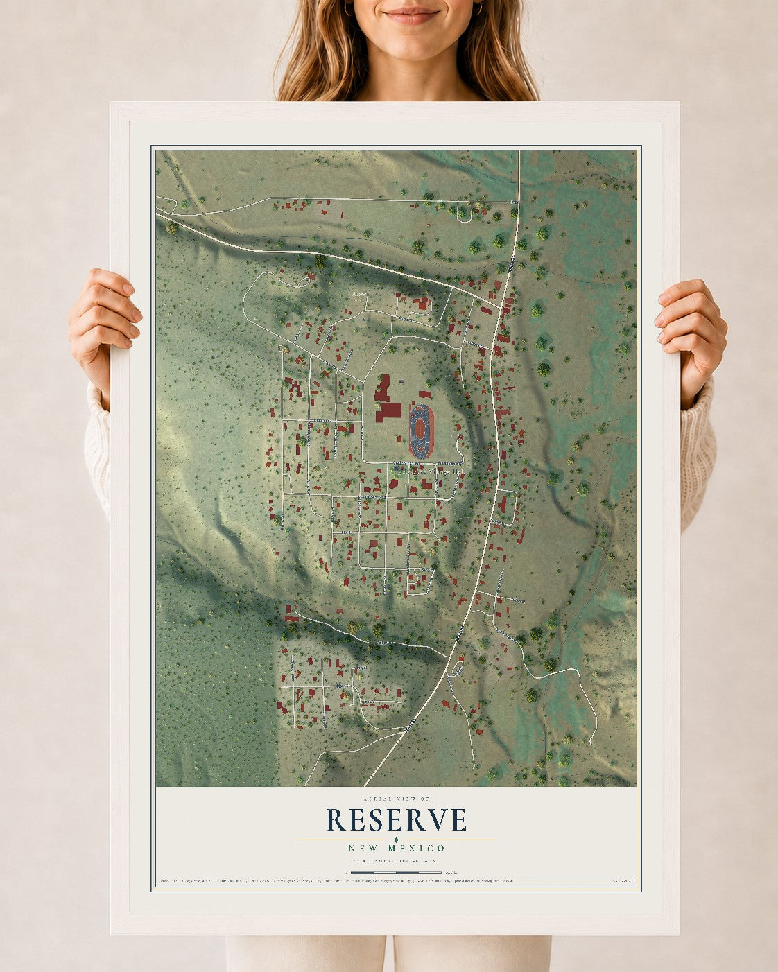 Map of Reserve, New Mexico, 24 x 36 inch print in a white wood frame