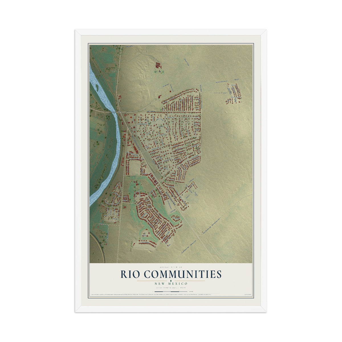Map of Rio Communities, New Mexico, 12 x 18 inch print in a white wood frame