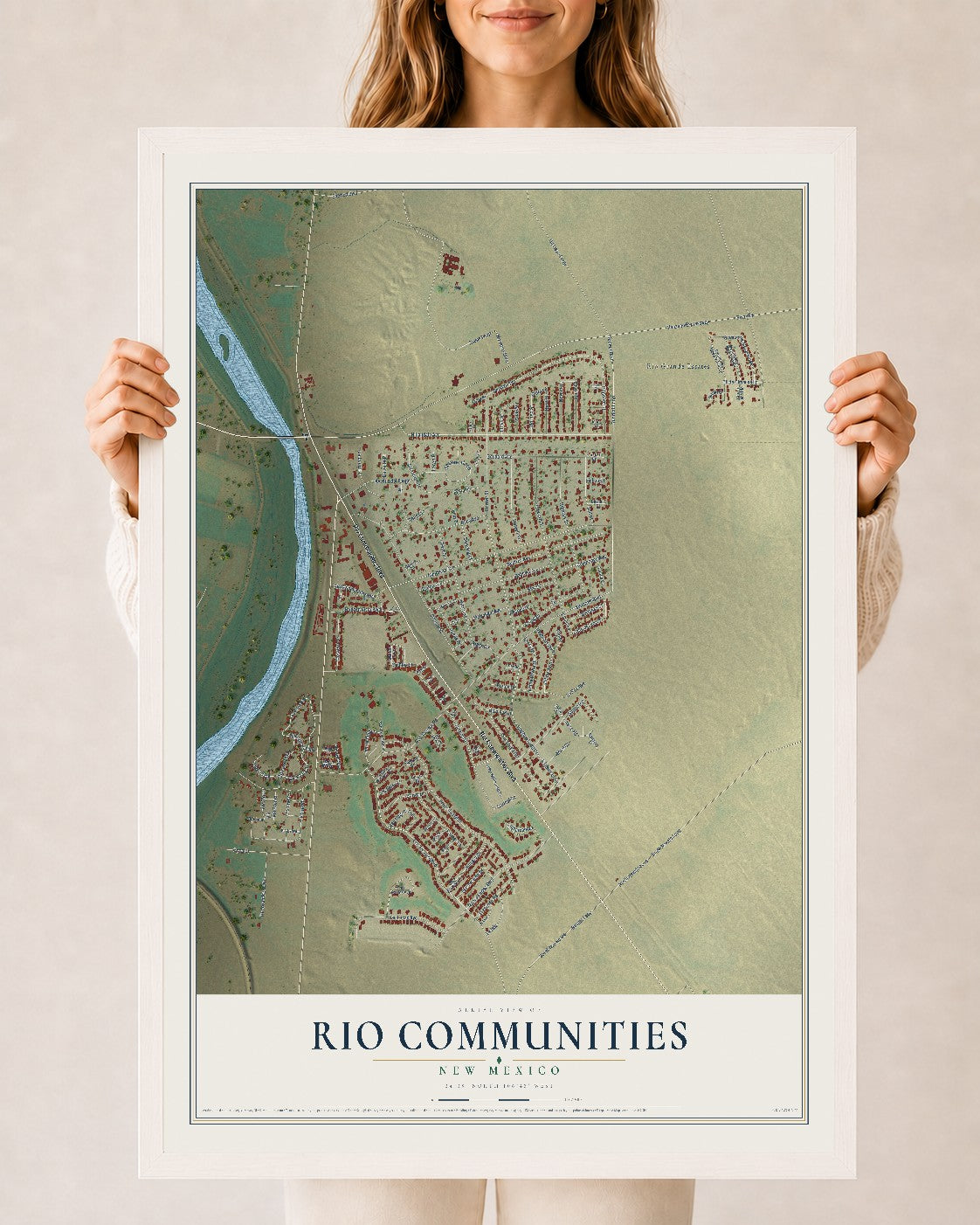 Map of Rio Communities, New Mexico, 24 x 36 inch print in a white wood frame