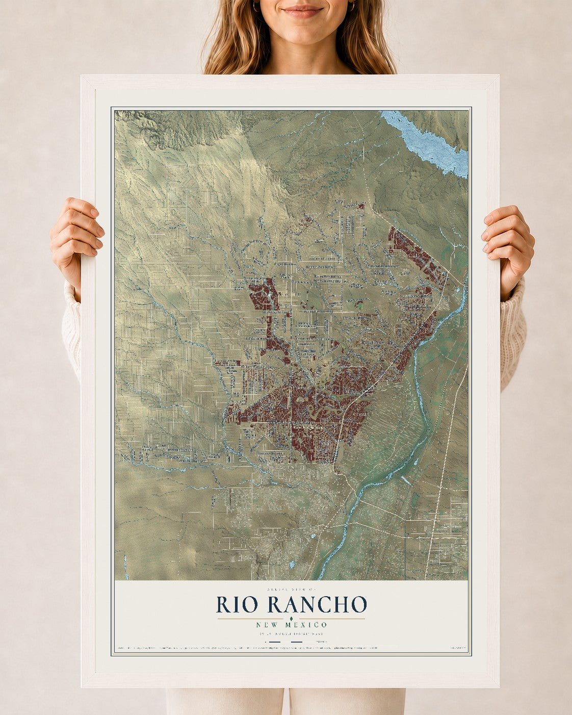 Map of Rio Rancho, New Mexico, 24 x 36 inch print in a white wood frame