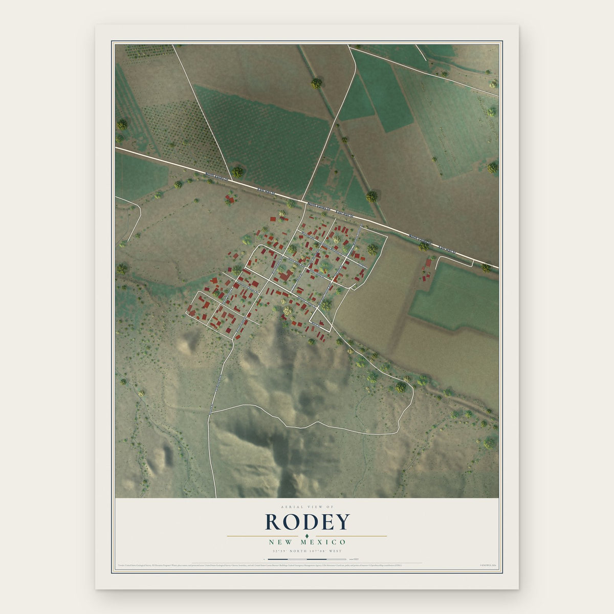 Rodey, New Mexico map print, the full design