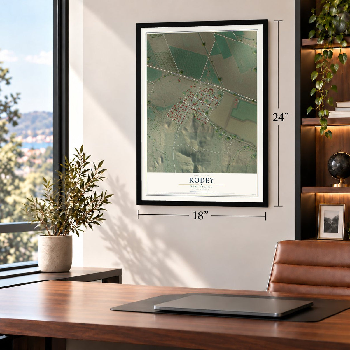 Rodey, New Mexico map, 18 x 24 inch print in a black frame in a home office