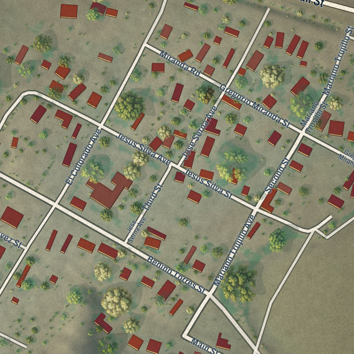 Close-up of the map of Rodey, New Mexico print showing street and building detail