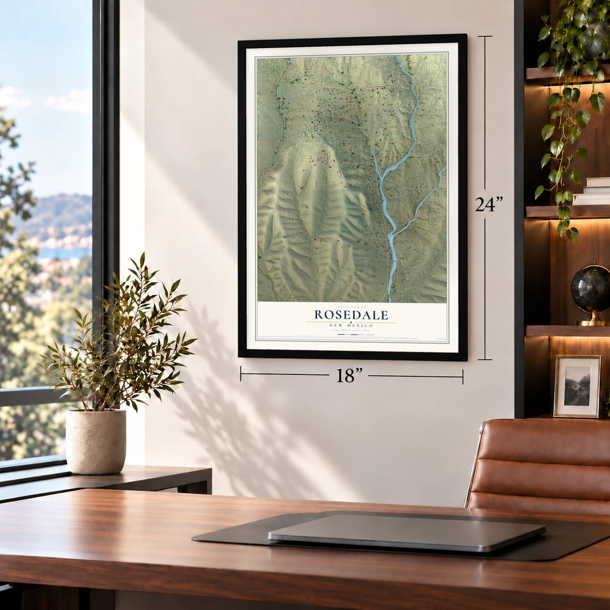 Rosedale, New Mexico map, 18 x 24 inch print in a black frame in a home office