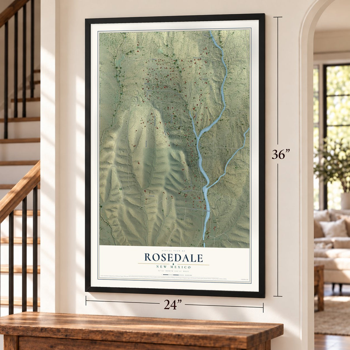Rosedale, New Mexico map, 24 x 36 inch print in a black frame by a staircase