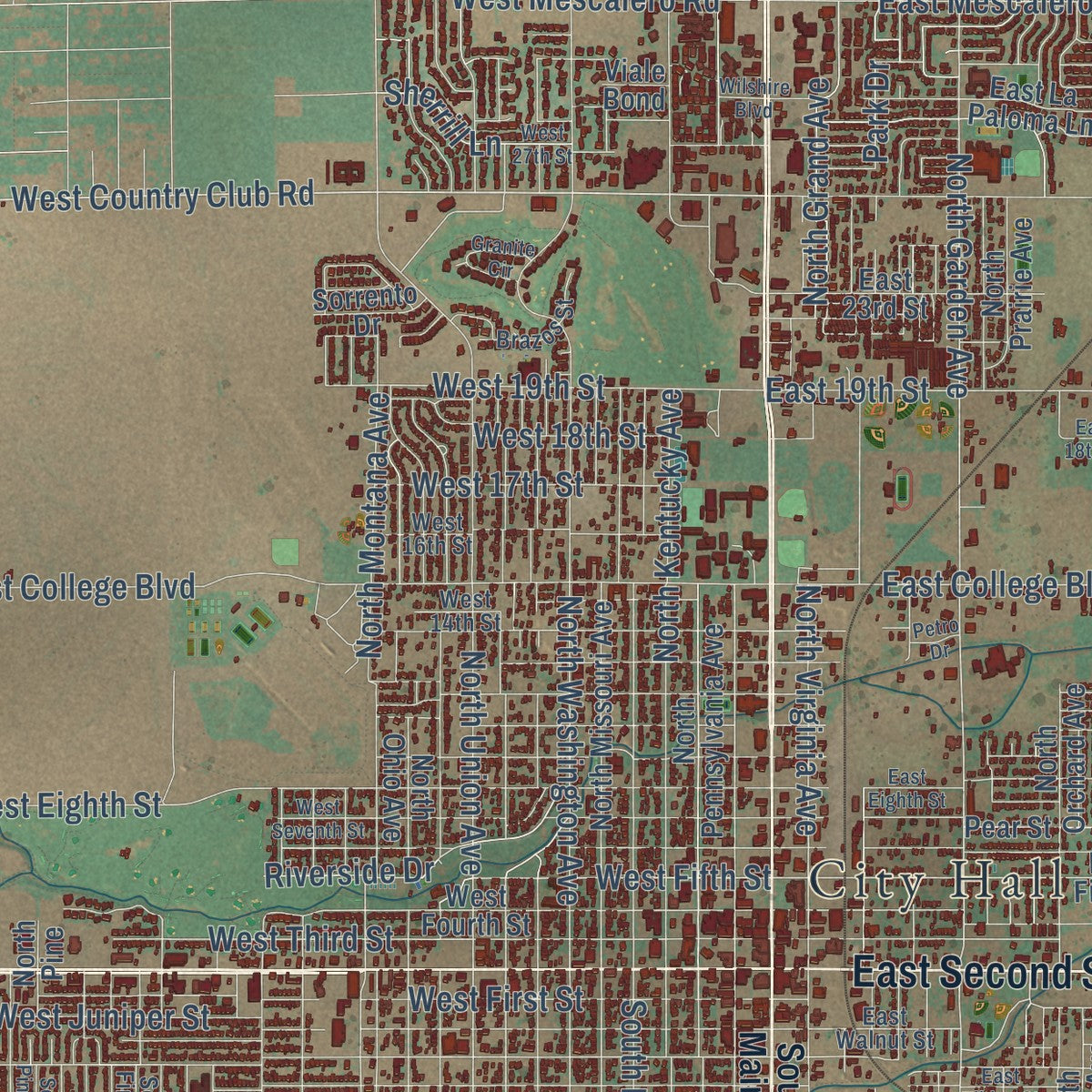 Close-up of the map of Roswell, New Mexico print showing street and building detail