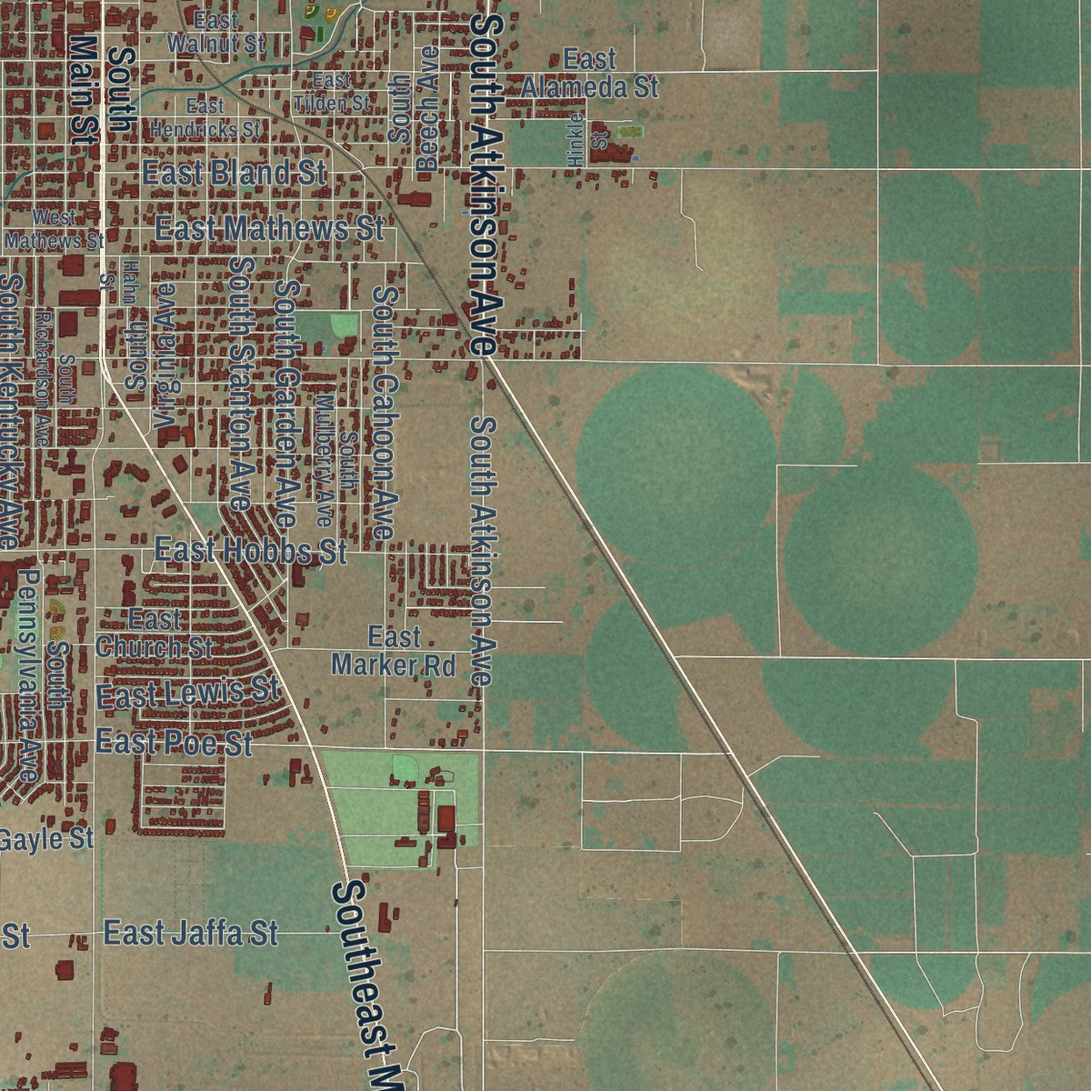 Second close-up of the map of Roswell, New Mexico print showing more streets and buildings