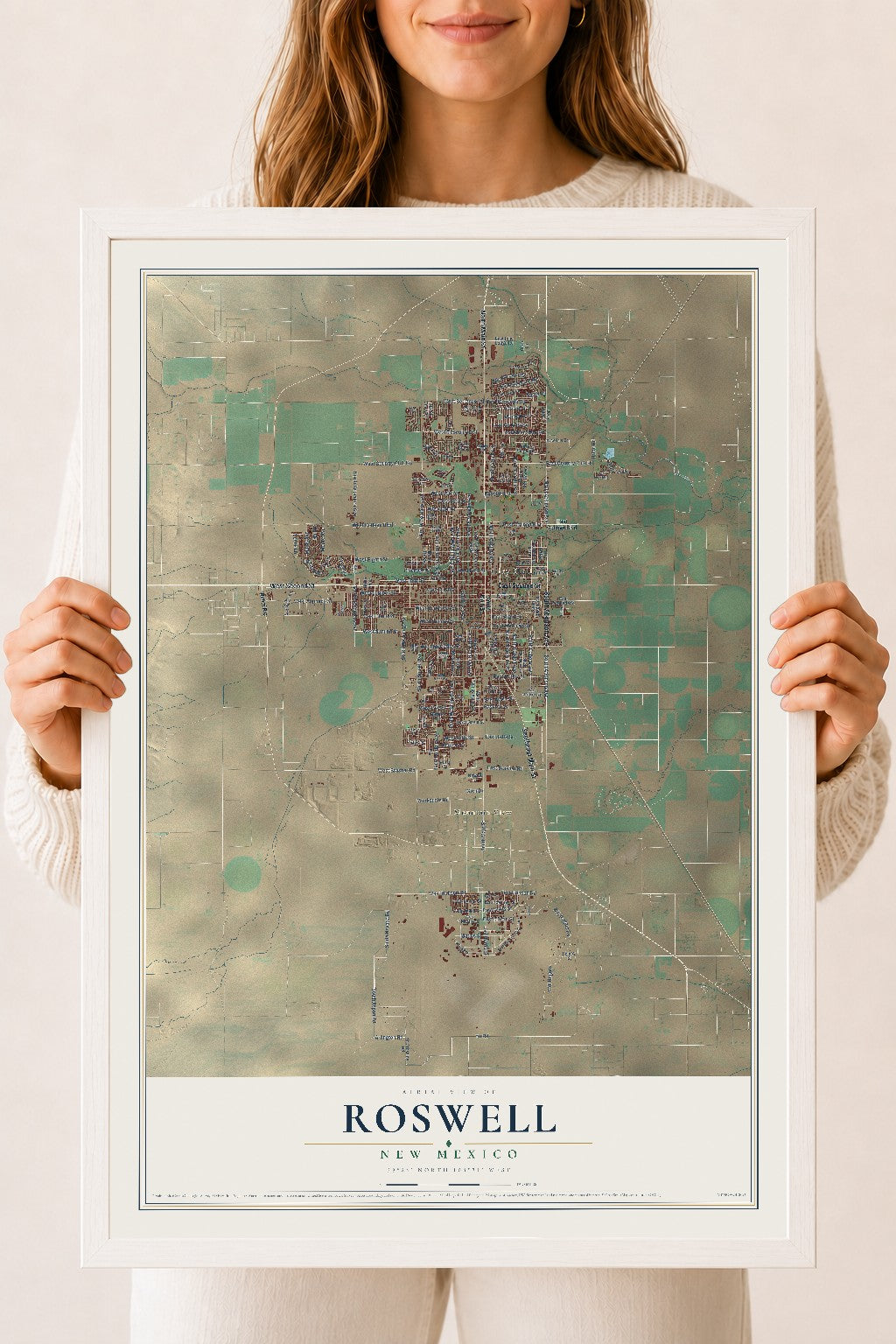 Map of Roswell, New Mexico, 18 x 24 inch print in a white wood frame