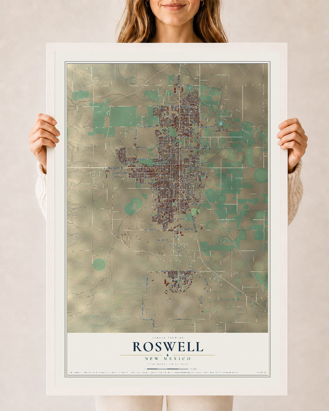 Map of Roswell, New Mexico, 24 x 36 inch print in a white wood frame