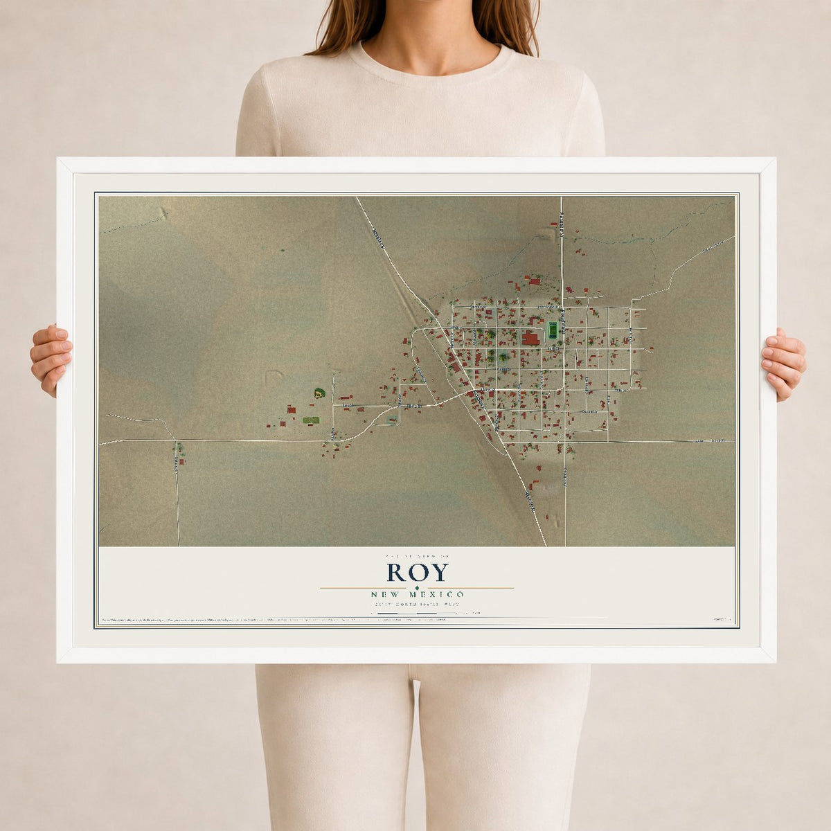 Map of Roy, New Mexico, 24 x 36 inch print in a white wood frame