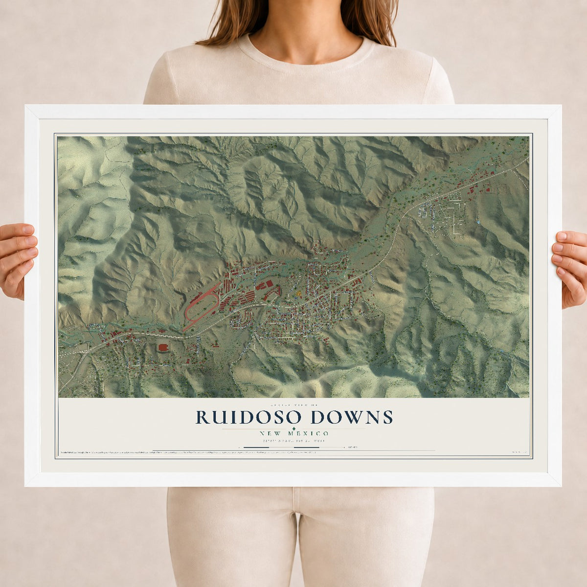 Map of Ruidoso Downs, New Mexico, 18 x 24 inch print in a white wood frame
