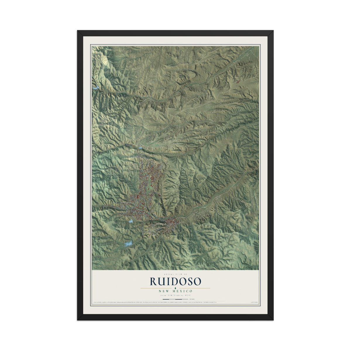 Map of Ruidoso, New Mexico, 12 x 18 inch print in a black wood frame