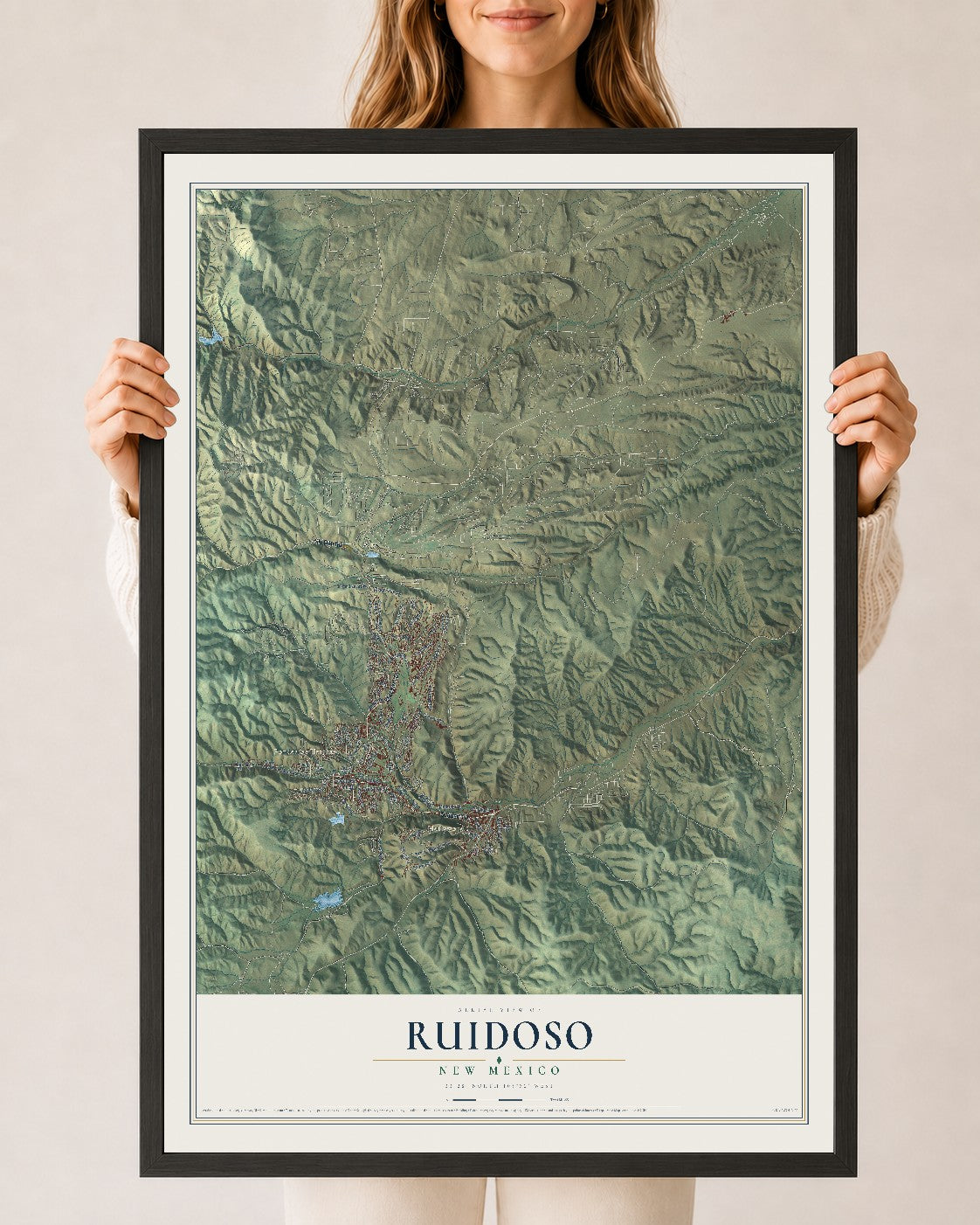 Map of Ruidoso, New Mexico, 24 x 36 inch print in a black wood frame