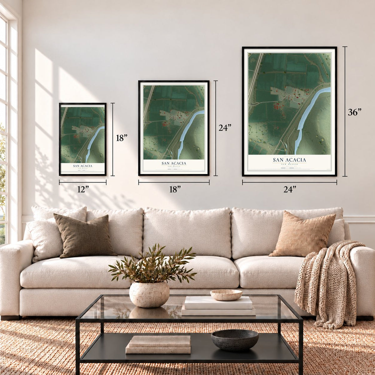 San Acacia, New Mexico map in 12 x 18, 18 x 24 and 24 x 36 inch sizes above a sofa