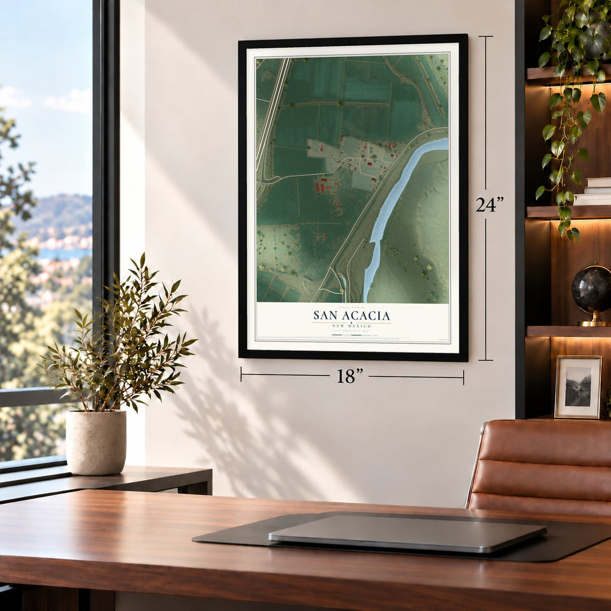 San Acacia, New Mexico map, 18 x 24 inch print in a black frame in a home office