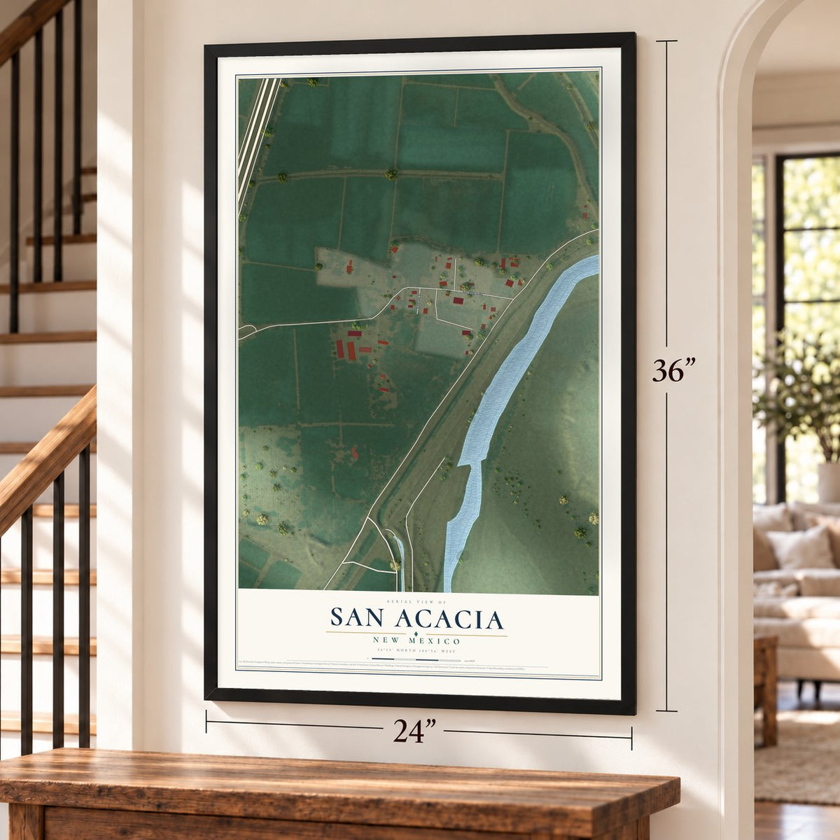San Acacia, New Mexico map, 24 x 36 inch print in a black frame by a staircase