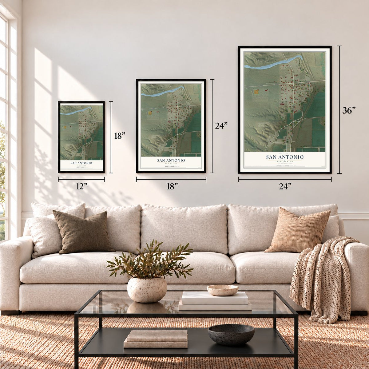 San Antonio, New Mexico map in 12 x 18, 18 x 24 and 24 x 36 inch sizes above a sofa