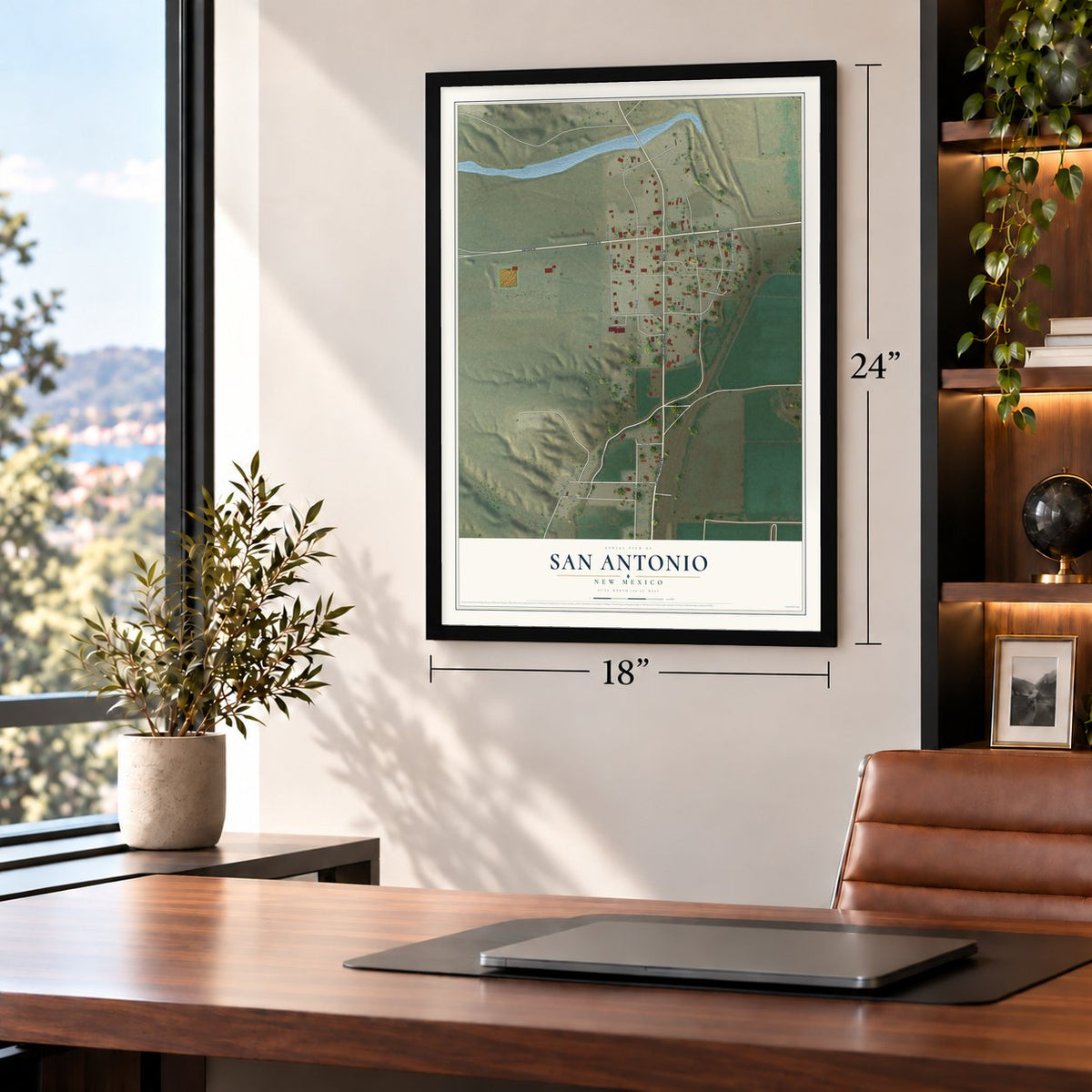 San Antonio, New Mexico map, 18 x 24 inch print in a black frame in a home office