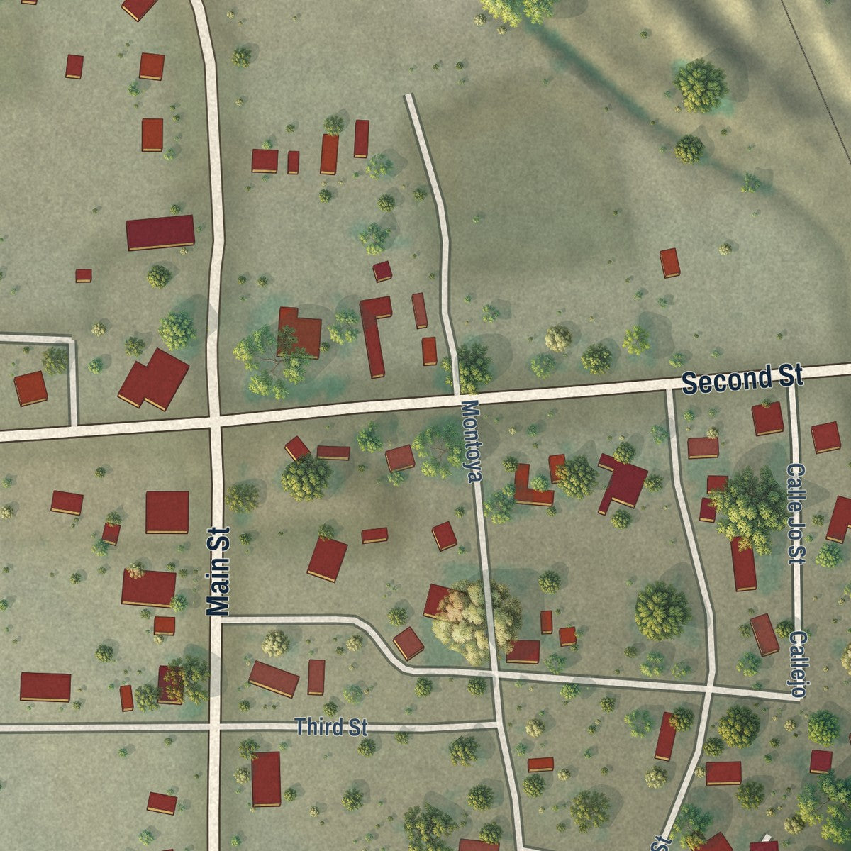 Close-up of the map of San Antonio, New Mexico print showing street and building detail