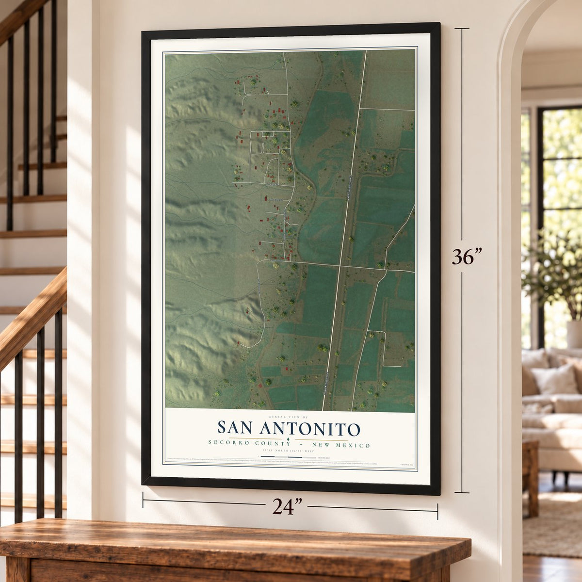 San Antonito, Socorro County, New Mexico map, 24 x 36 inch print in a black frame by a staircase
