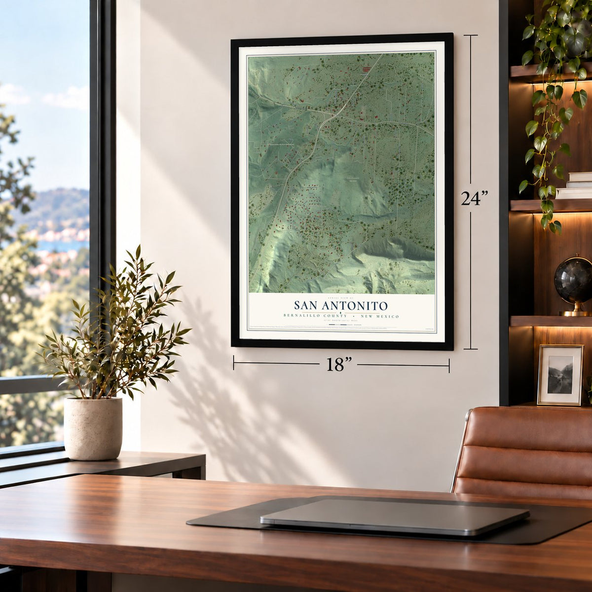 San Antonito, Bernalillo County, New Mexico map, 18 x 24 inch print in a black frame in a home office