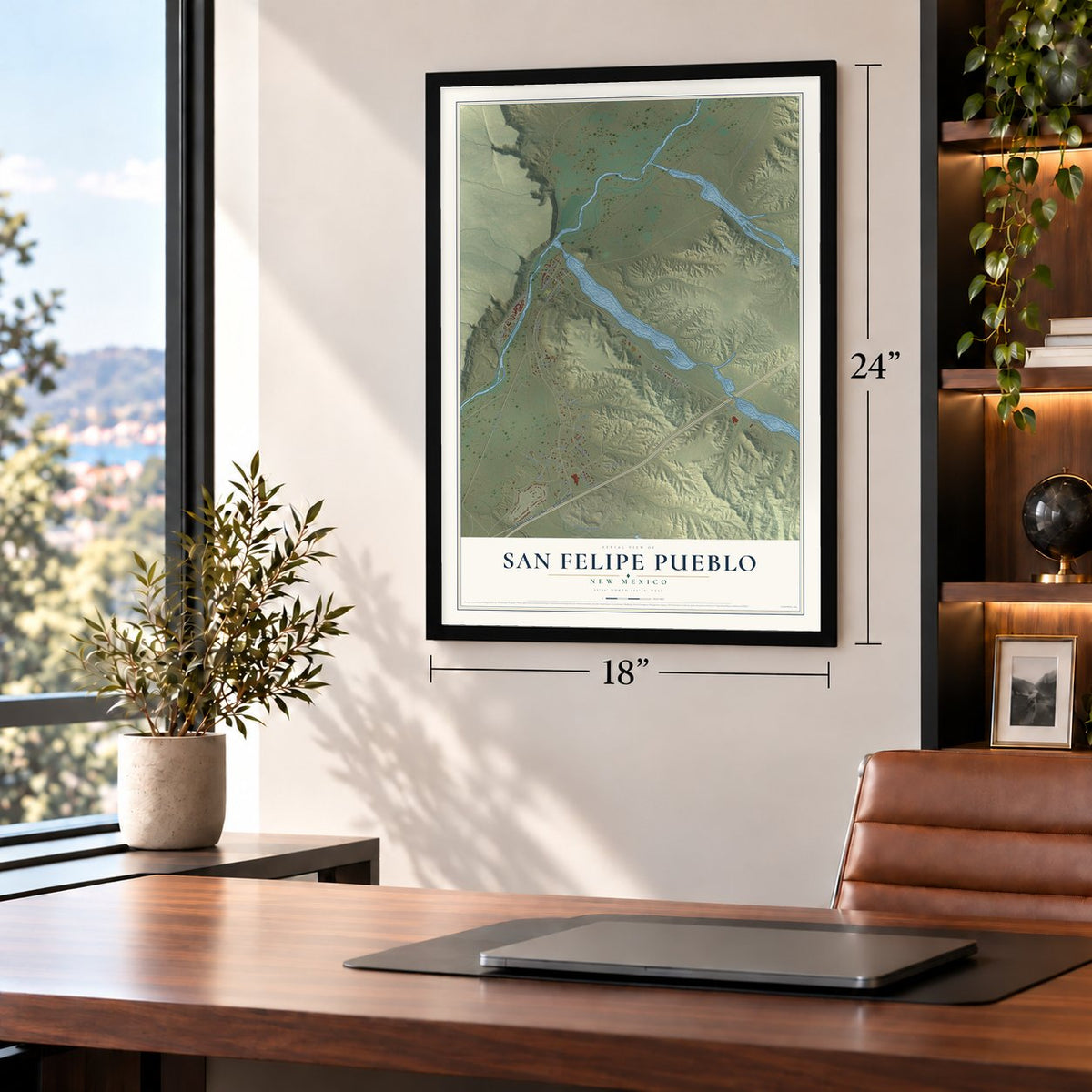 San Felipe Pueblo, New Mexico map, 18 x 24 inch print in a black frame in a home office
