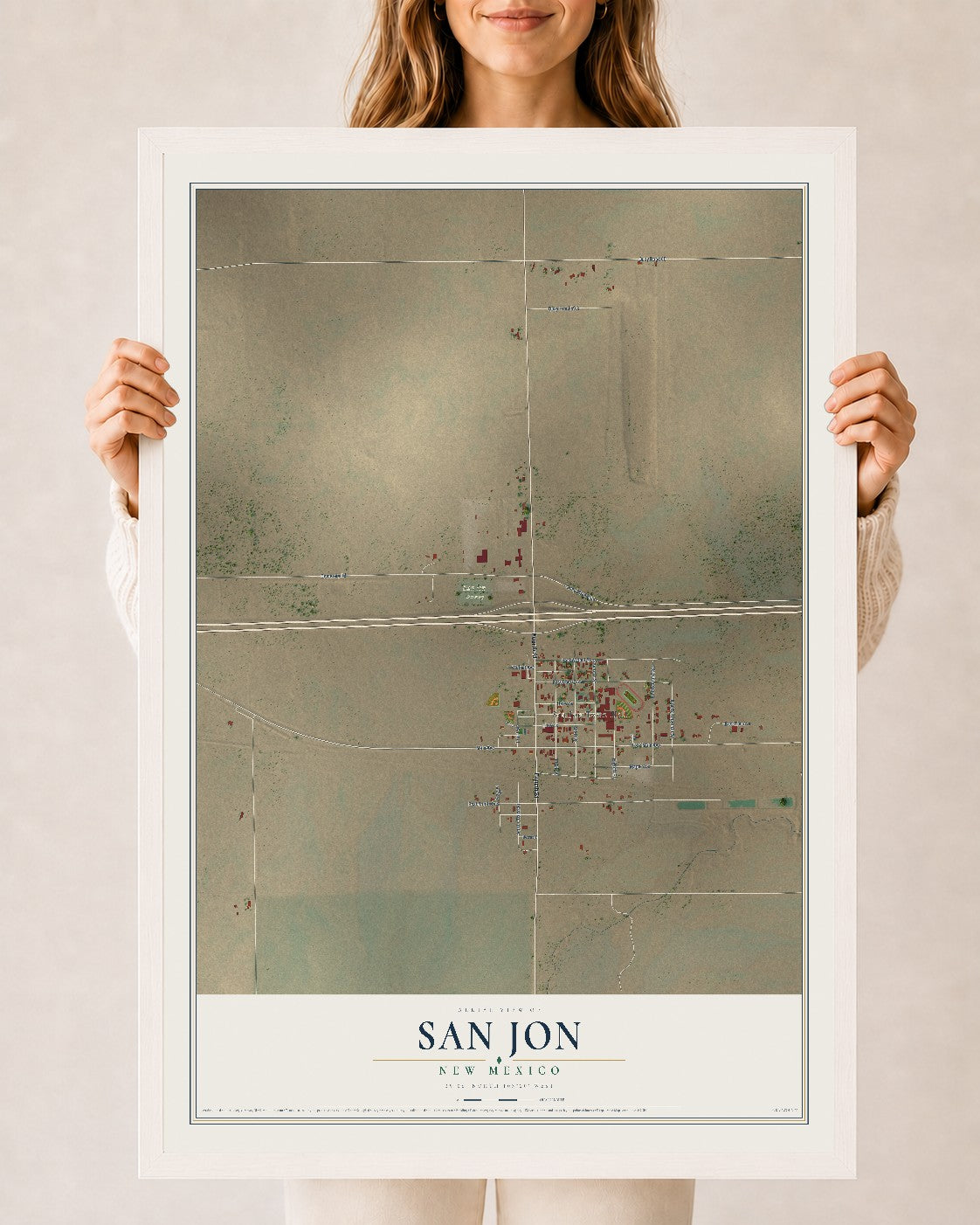 Map of San Jon, New Mexico, 24 x 36 inch print in a white wood frame