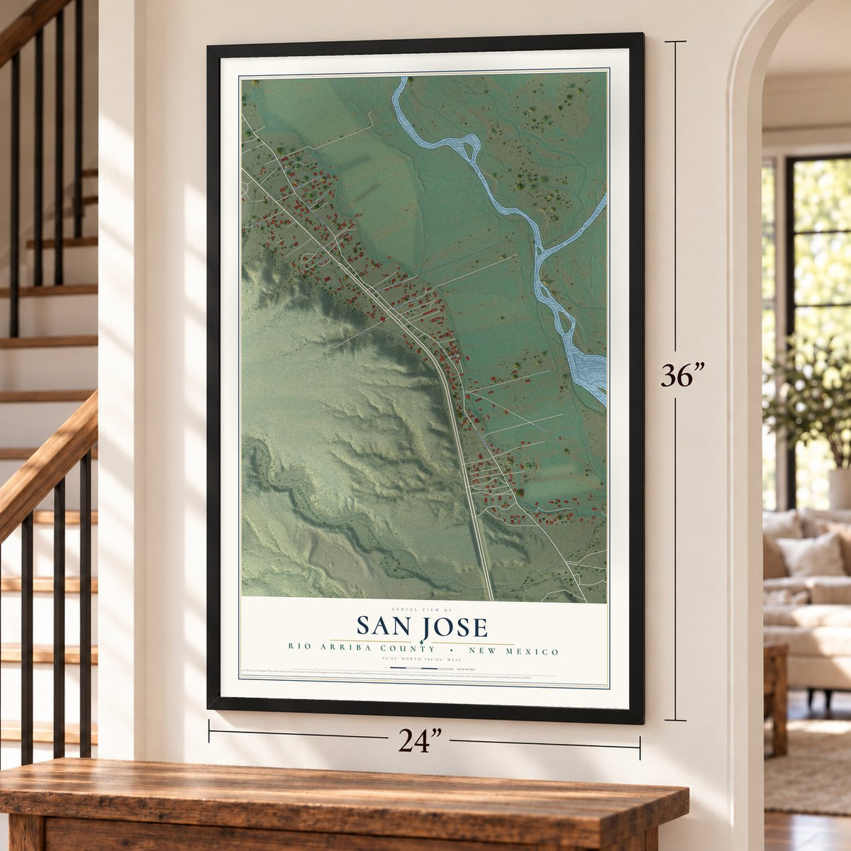San Jose, Rio Arriba County, New Mexico map, 24 x 36 inch print in a black frame by a staircase