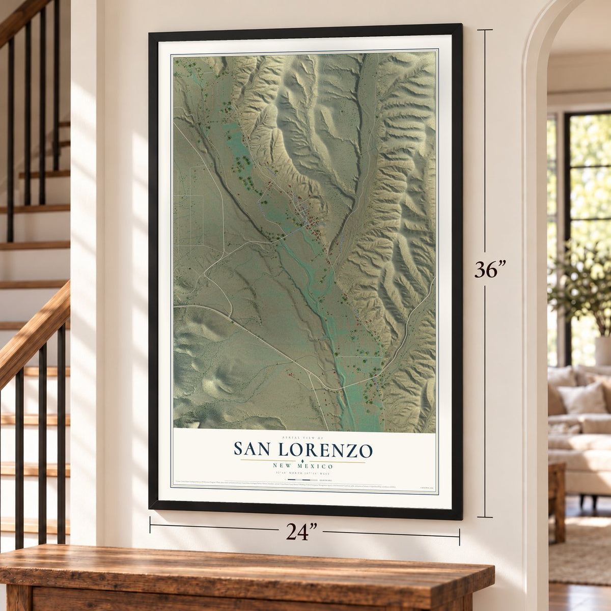 San Lorenzo, New Mexico map, 24 x 36 inch print in a black frame by a staircase