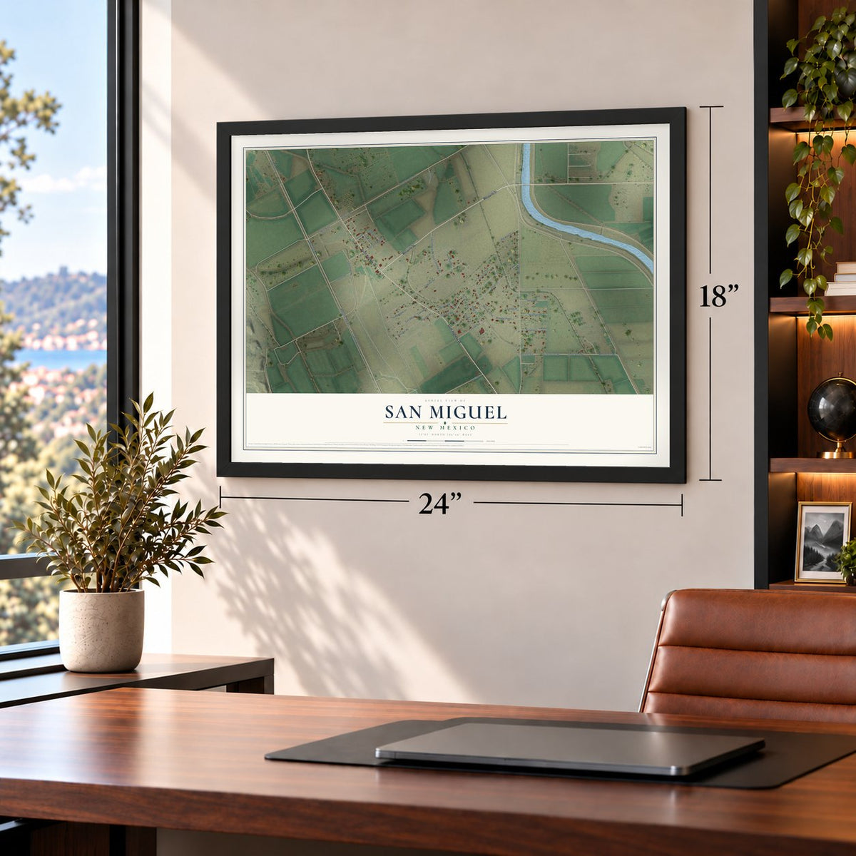 San Miguel, New Mexico map, 18 x 24 inch print in a black frame in a home office