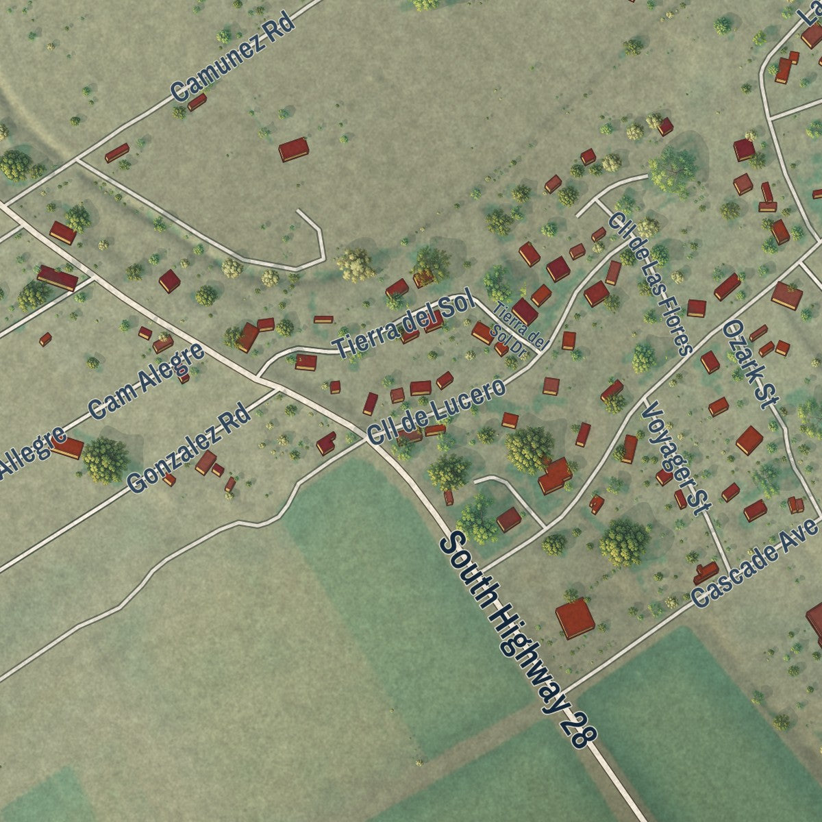 Close-up of the map of San Miguel, New Mexico print showing street and building detail